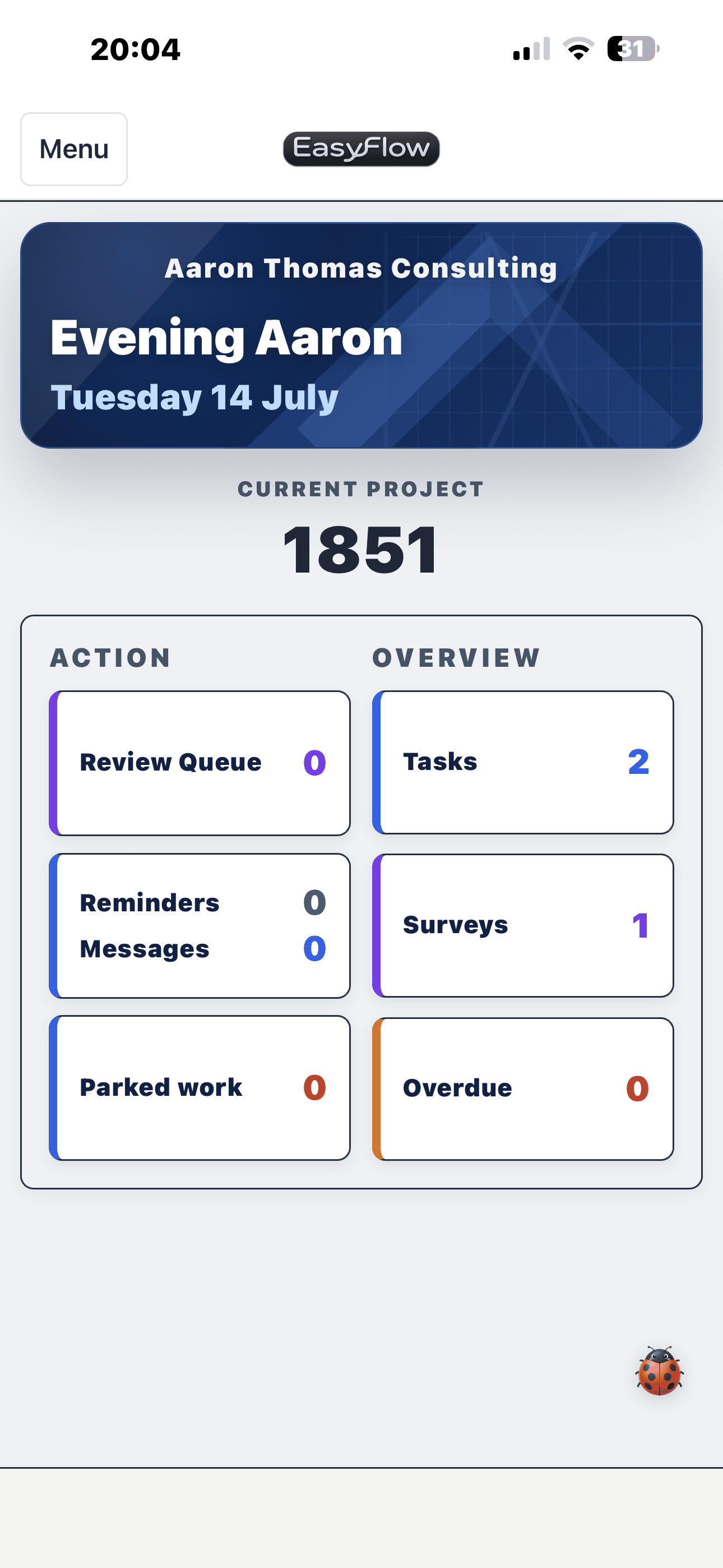 EasyFlow manager dashboard showing tasks, review queue, reminders and surveys